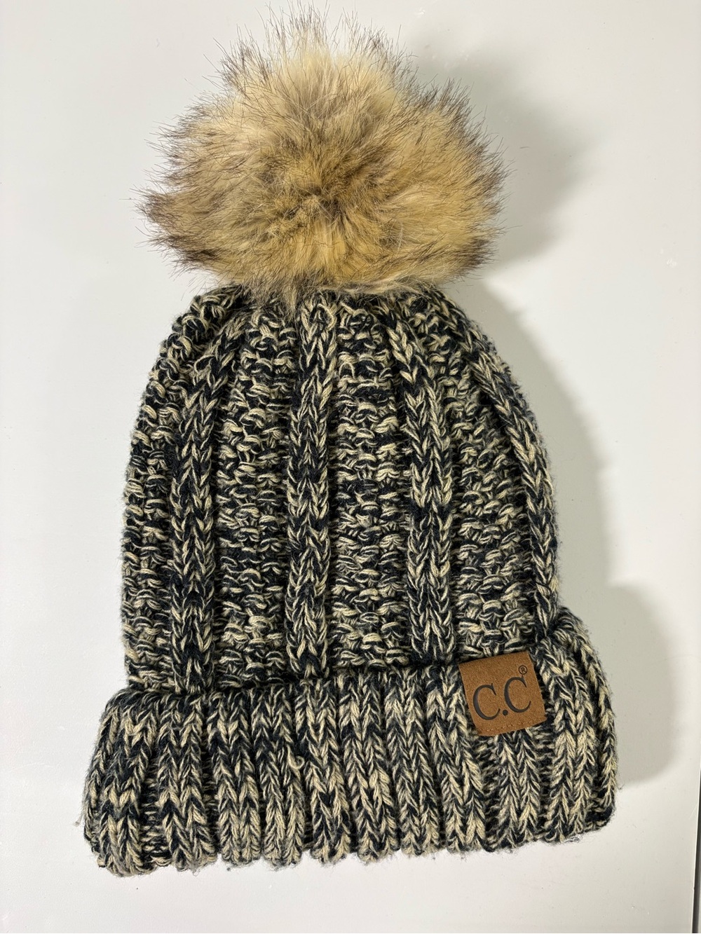 C.C Women’s Black & Cream Knit Pom Beanie